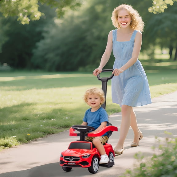 Qaba Mercedes-Benz C-Class Licensed Ride-On Push Car, Baby Stroller Walking Car with Parent Control Handle, Horn, Kids Foot-to-Floor Toy, Red