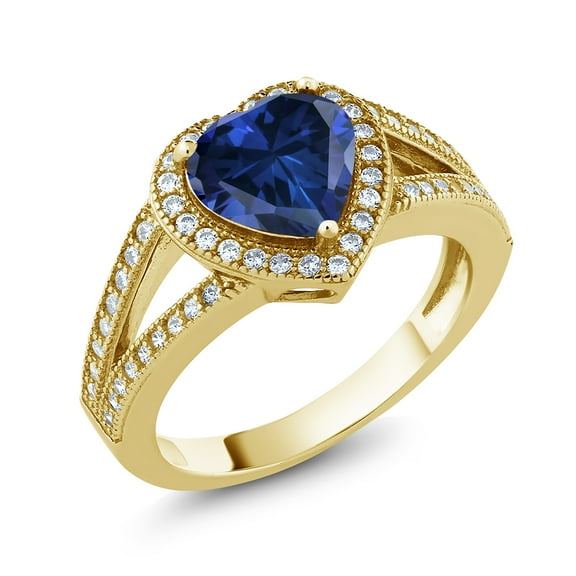 Gem Stone King 18K Yellow Gold Plated Silver Ring Heart Shape Simulated Sapphire and Moissanite (1.29 Cttw) (Size 7)