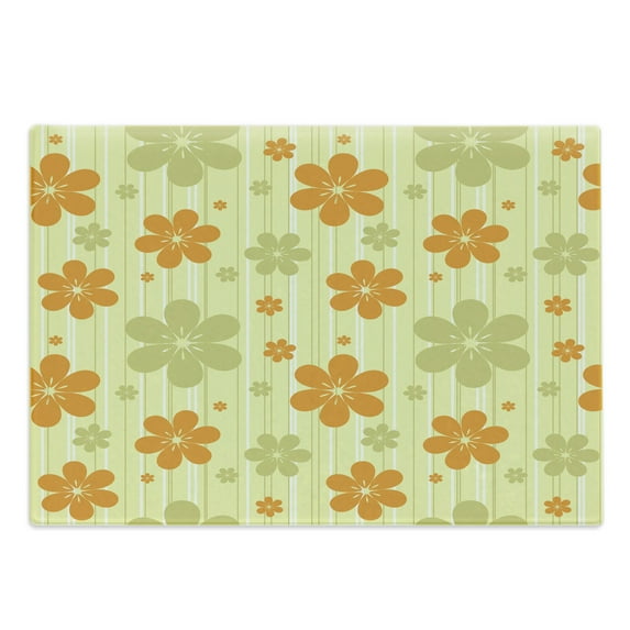 Floral Cutting Board, Big Little Flourishing Graphic Flowers Striped Background Retro Natural Art, Decorative Tempered Glass Cutting and Serving Board, Large Size, Pale Green Orange, by Ambesonne