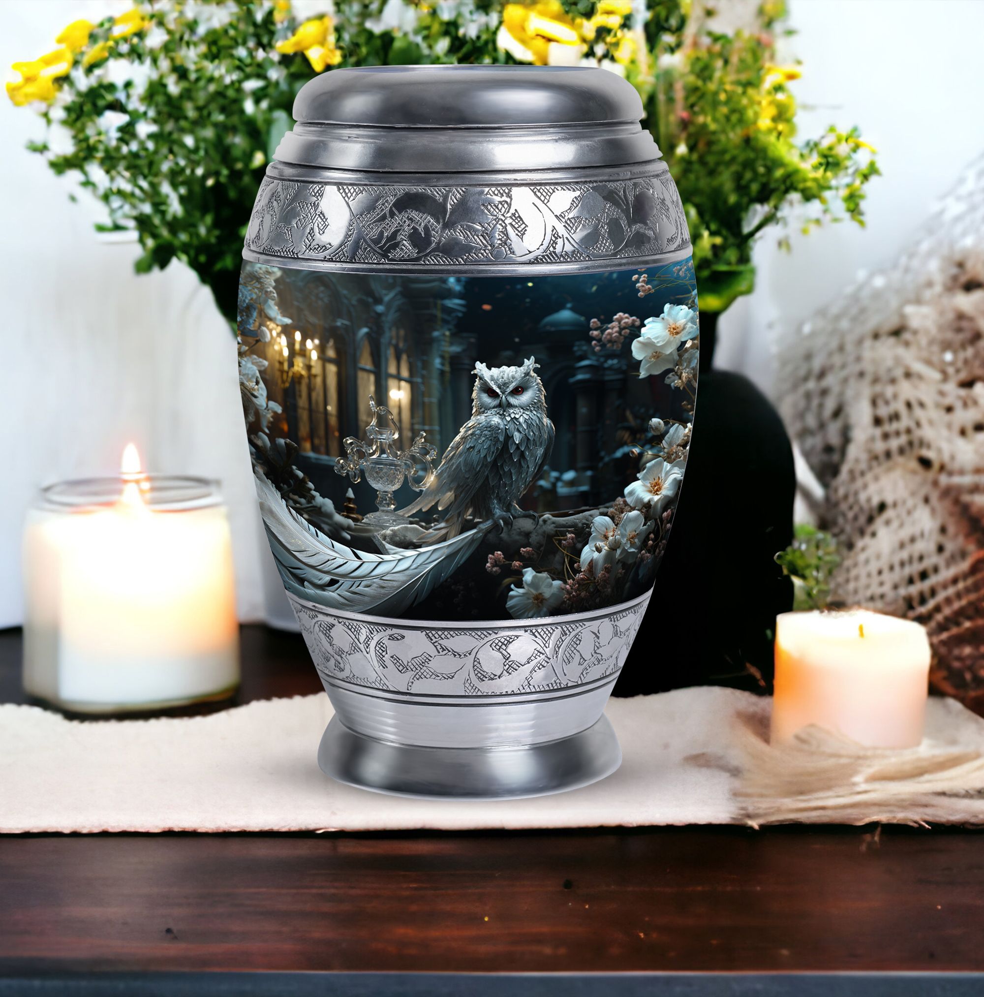 Blue Owl Large Urns For Human Ashes Adult Dad - Cremains Urn For Ashes Mom - Handmade Decorative Gifts For Funeral 10Inch To 200 Cubic Inches Capacity Include Velvet Bag