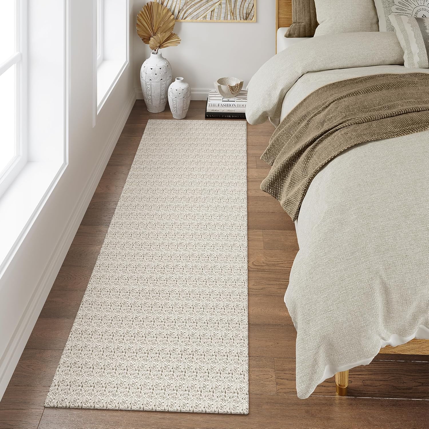 2x7 Runners Rug for Hallways, Washable Farmhouse Kitchen Runner Rug Boho Non Slip Low- Indoor Entryway Rug, Tan Woven Cotton Bedroom Carpet for Bathroom Doorway