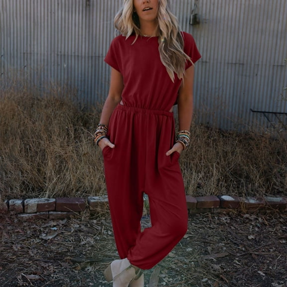 Summer Saving Wycnly Jumpsuits for Women Dressy Elastic Waist Sexy Hollowed Long Jumpsuits Overalls with Pocket Summer Crewneck Short Sleeve Plain Maxi Trendy Rompers Wine xl