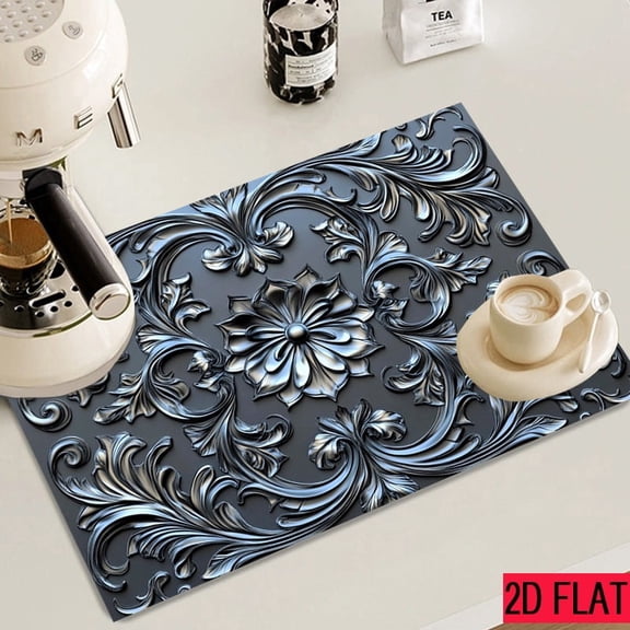 1PC 2D Flat Decorative Stove Counter Mat, Vintage Floral Embossed Look Design Kitchen Countertop Protector, Heat Resistant Surface Mat for Stove Top, Coffee Maker Area, 72 x 52 cm (28.3 x 20.5 Inches