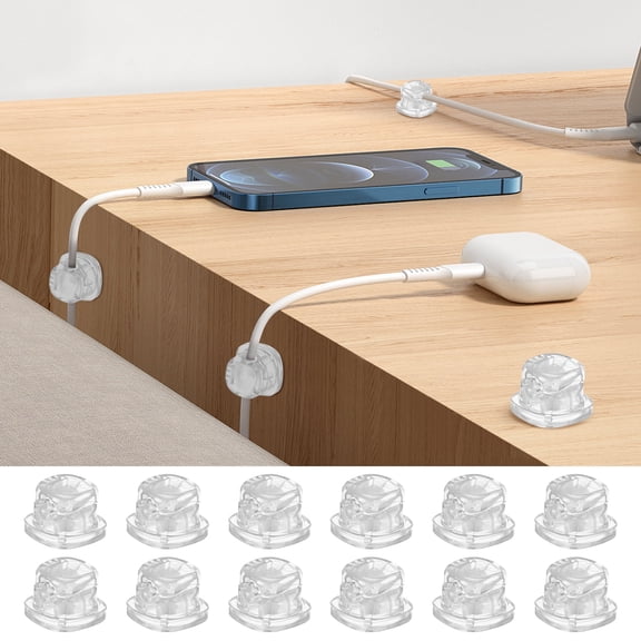 12Pack Cord Holder for Nightstand, Clear Rotatable Desk Cable Management Clips [1s Lock] Phone Charger Wire Organizer Acrylic Adhesive
