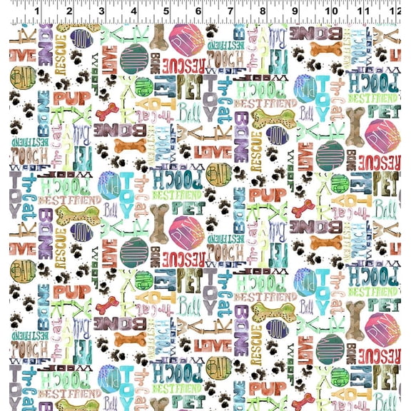 Cotton Best Friends Dogs Puppies Toys Bones Words Scripts Clothworks White Cotton Fabric Print by the Yard (Y4283-1WHITE)