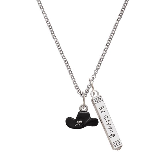 Delight Jewelry Silvertone Black Cowboy Hat Silvertone Be Strong and Courageous Bar Charm Necklace, 23"