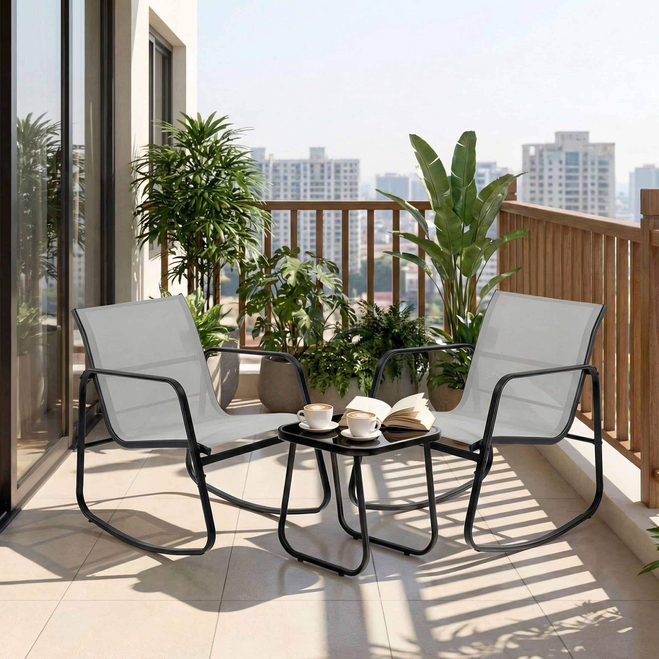 edx 3-Piece Outdoor Rocking Bistro Set with Glass Table Perfect for Poolside, Porch & Lawn, Gray