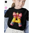 thumbnail image 1 of Girls' Loose Fit Summer Tee - Cute Cartoon Pencil alphabet with Polka Dot Bow Design, Breathable Knit Fabric, Machine Washable Back to School Shirt for Girls, Casual Wear, Medium Stretch Fabric, 1 of 7