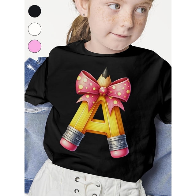 Girls' Loose Fit Summer Tee - Cute Cartoon Pencil alphabet with Polka Dot Bow Design, Breathable Knit Fabric, Machine Washable Back to School Shirt for Girls, Casual Wear, Medium Stretch Fabric