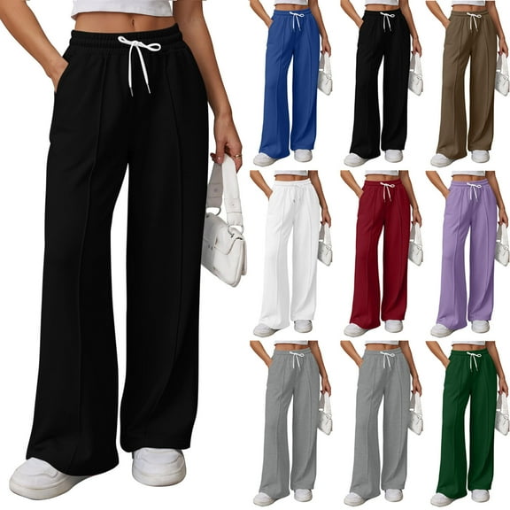 Fashion Womens Casual Solid Color Pants Straight Wide Leg Trousers Pants