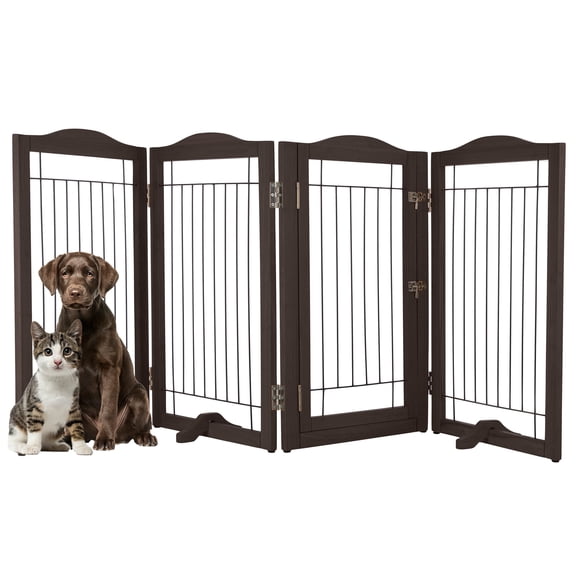PETMAKER 80x32-Inch 4-Panel Freestanding Dog Gate - Foldable Indoor Pet Fence with Door (Brown)