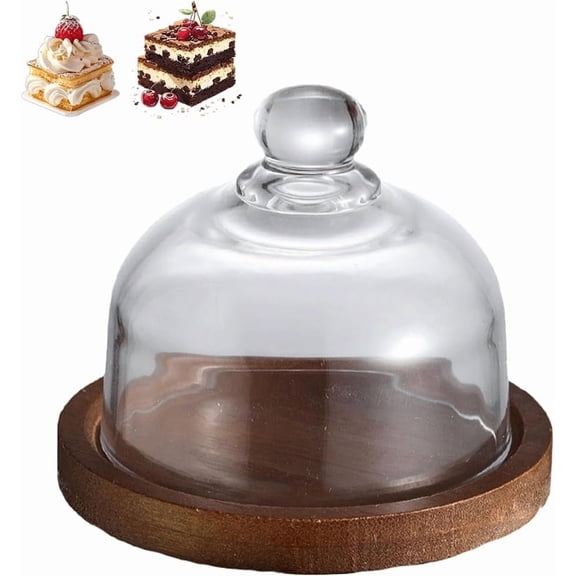 Cake Stand With Glass Lid,Acacia Wood Round Cake Holder with Shatterproof Transparent Glass Dome,2-in-1 Display for Desserts Under 5 Inches