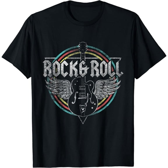 Rock & Roll Guitar Wings Music T-Shirt Black 2X-Large