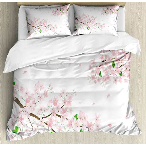 Floral Duvet Cover Set, Pastel Tone Sakura Flower Branches in Cherry Blossom Tender Nature, Decorative 3 Piece Bedding Set with 2 Pillow Shams, Queen Size, Umber Green, by Ambesonne