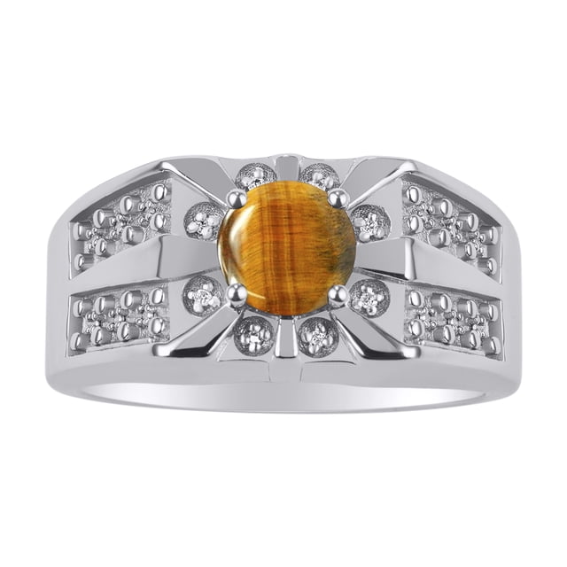 RYLOS Men's Rings Sterling Silver Designer Starburst 7MM Round Gemstone & Diamond Ring Tiger Eye November Birthstone Size 10