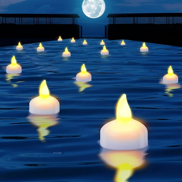 JYPS Floating Pool Lights Candles, 24Pcs Flameless Floating Tealights, Flickering LED Floating