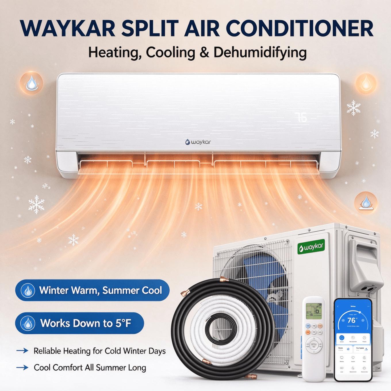 Waykar 12000 BTU 115V 22 SEER2 Energy Star Mini Split Air Conditioner & Heat Pump, WiFi Alexa Enabled, Pre-Charged R32 Eco Refrigerant, DIY-Friendly Installation Kit