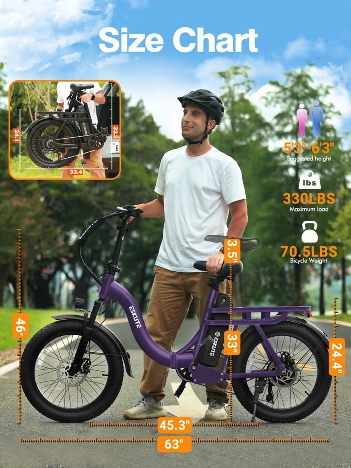 ESKUTE D200 Electric Bike for Adults 1200W Peak Motor 28 Mph, Folding Fat Tire E‑Bike, 48V 10.4Ah Up to 55 Miles, with 7‑Speed Step‑Through Cargo Fold E Bicycle, NFC Unlock, Purple with Lock, UL2849