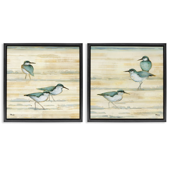 Stupell Industries Sandpipers Abstract Water Shoreline Animals & Insects Painting Black Floater Framed Canvas Art Print Wall Art, 18 x 18, Set of 2