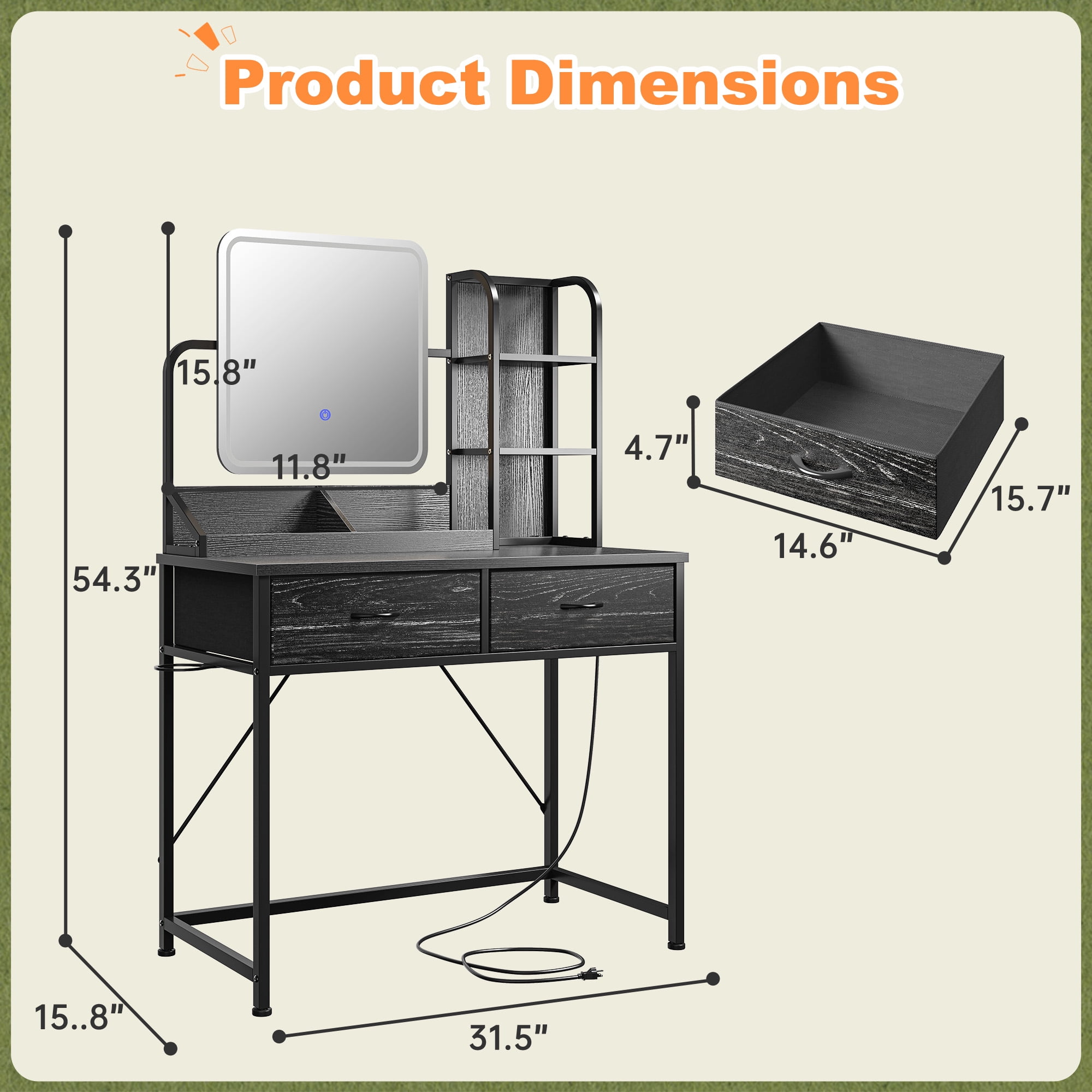 Makeup Vanity Table for Small Spaces Dressing Table with Mirror & LED Lights Makeup Desk with 2 Fabric Drawers & USB Port for Bedroom, Black