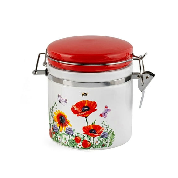 STP GOODS Poppies Ceramic Storage Jar with Lid 16.9 fl oz (500 ml) Food Storage Container for Food Sugar Spice Organizer Jars, White and Red