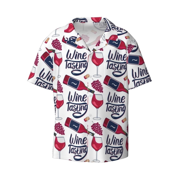 Ratiio Red Wine Glass Bottle Print Mens Casual Short Sleeve Shirts Button Down Textured Shirts Summer Beach Shirt with Pocket Men's Casual Short-sleeved Shirt
