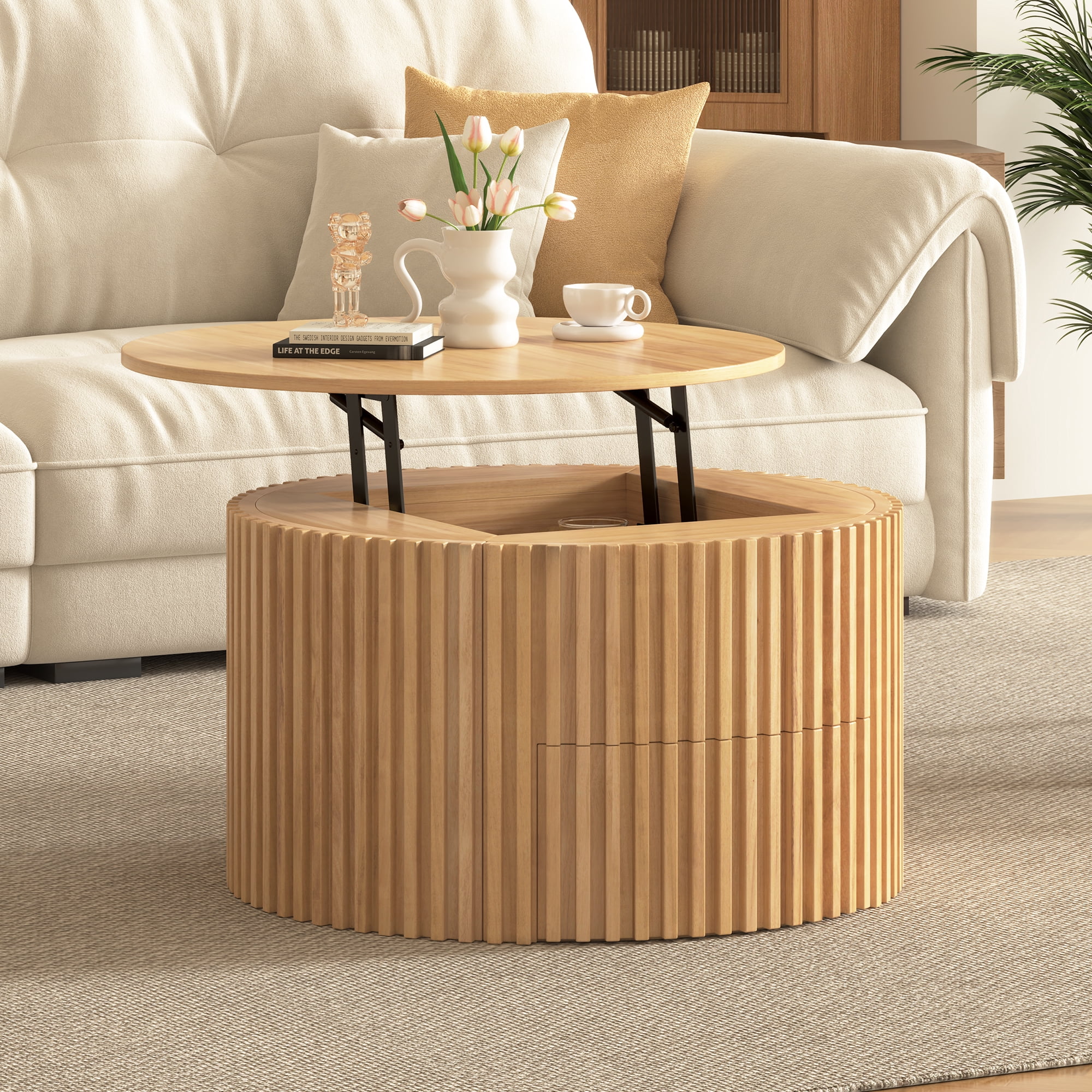 Round Lift Top Coffee Table, Modern Fluted Wood Accent Coffee Table with Hidden Storage for Living Room