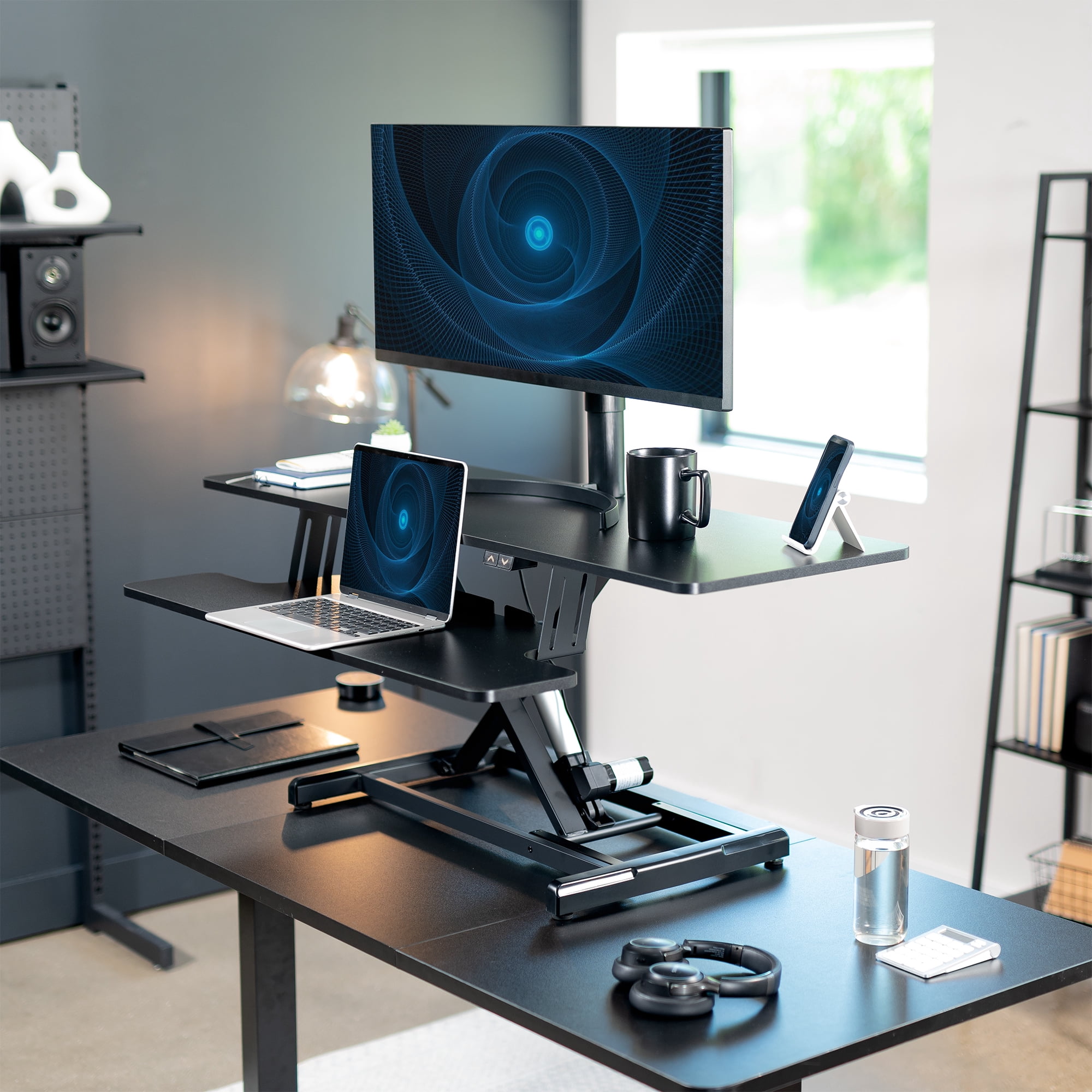 VIVO Black Electric 47" Standing Desk Monitor Riser, Dual Arm Sit Stand Tabletop