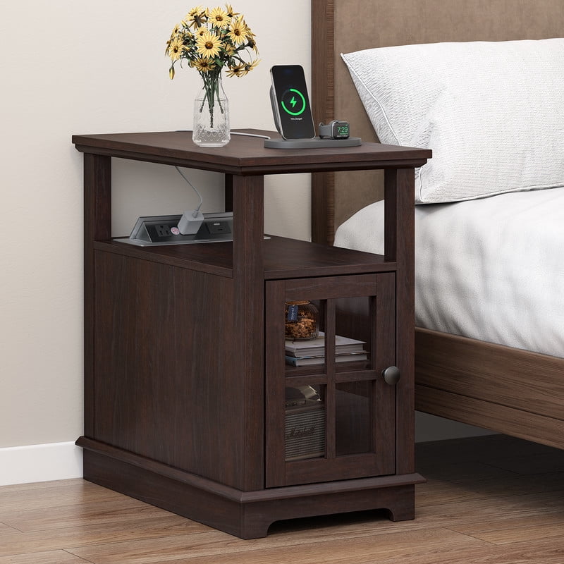 PLAMLE End Tables for Living Room with Storage Shelf,Narrow Sofa Side Table Slim Chair Side Table Adjustable Feet End table for Bedroom