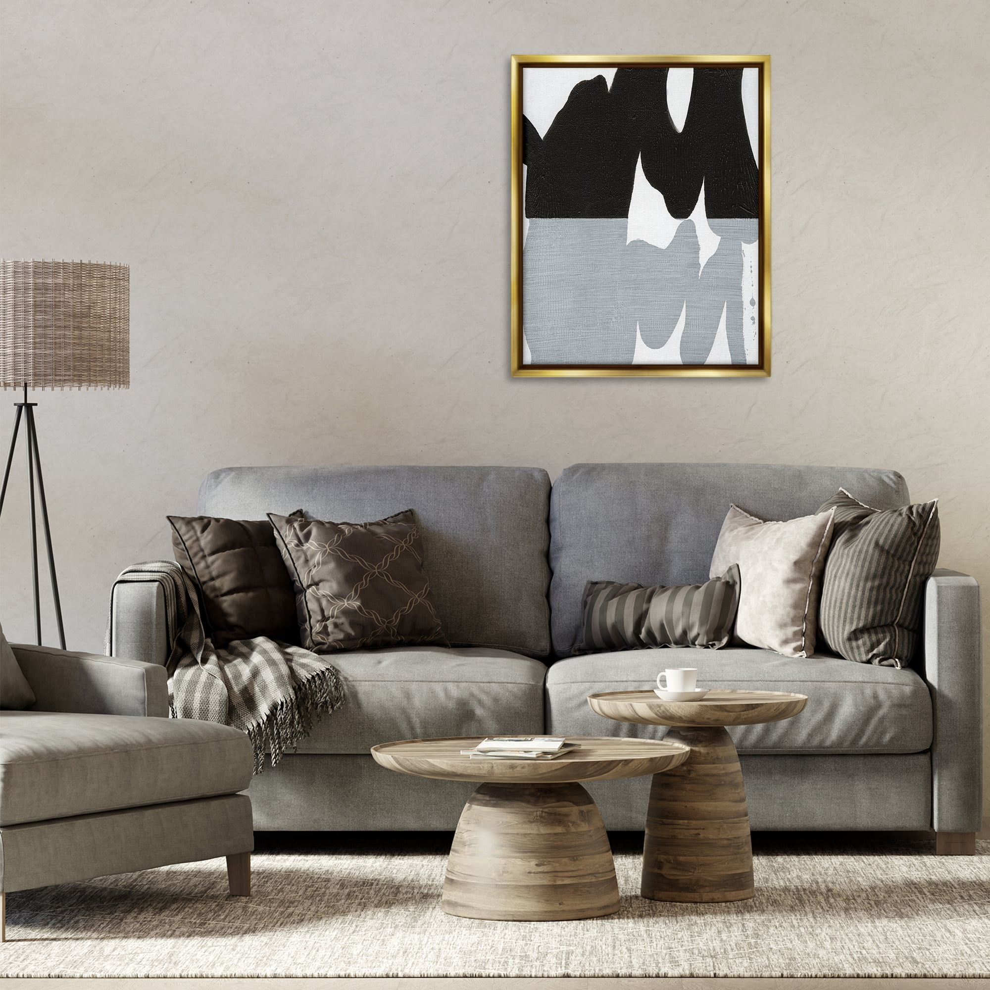 Stupell Industries Black Organic Form Abstract Painting Gold Floater Framed Canvas Art Print Wall Art, 25 x 31