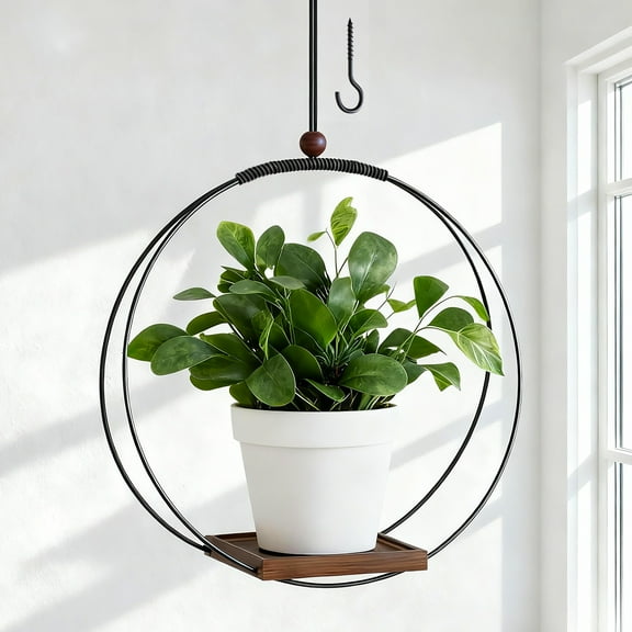 Hanging Planter for Indoor Plants, Modern Macrame Hanger with Wood Base for Balcony, Boho Home and Office Wall Decor (No Pot Included)