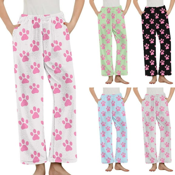 Nfurl Womens Soft Flannel Pajama Pants Cute Dog Claw Prints Elastic Waist Pjs Bottoms Comfy Fall Winter Lounge Sleep Pants with Pockets Gray M