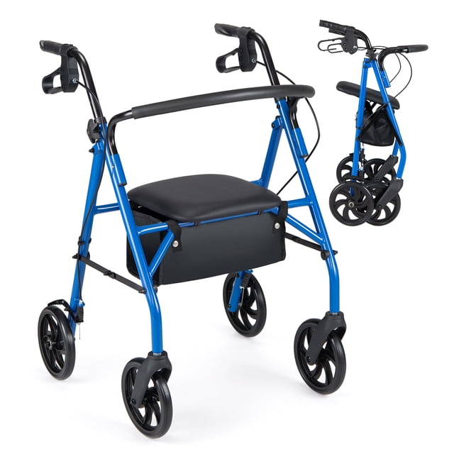 Costway Déambulateur à Roulettes avec Siège, Poignées à Hauteur Réglable, Panier de Rangement pour Aînés Bleu