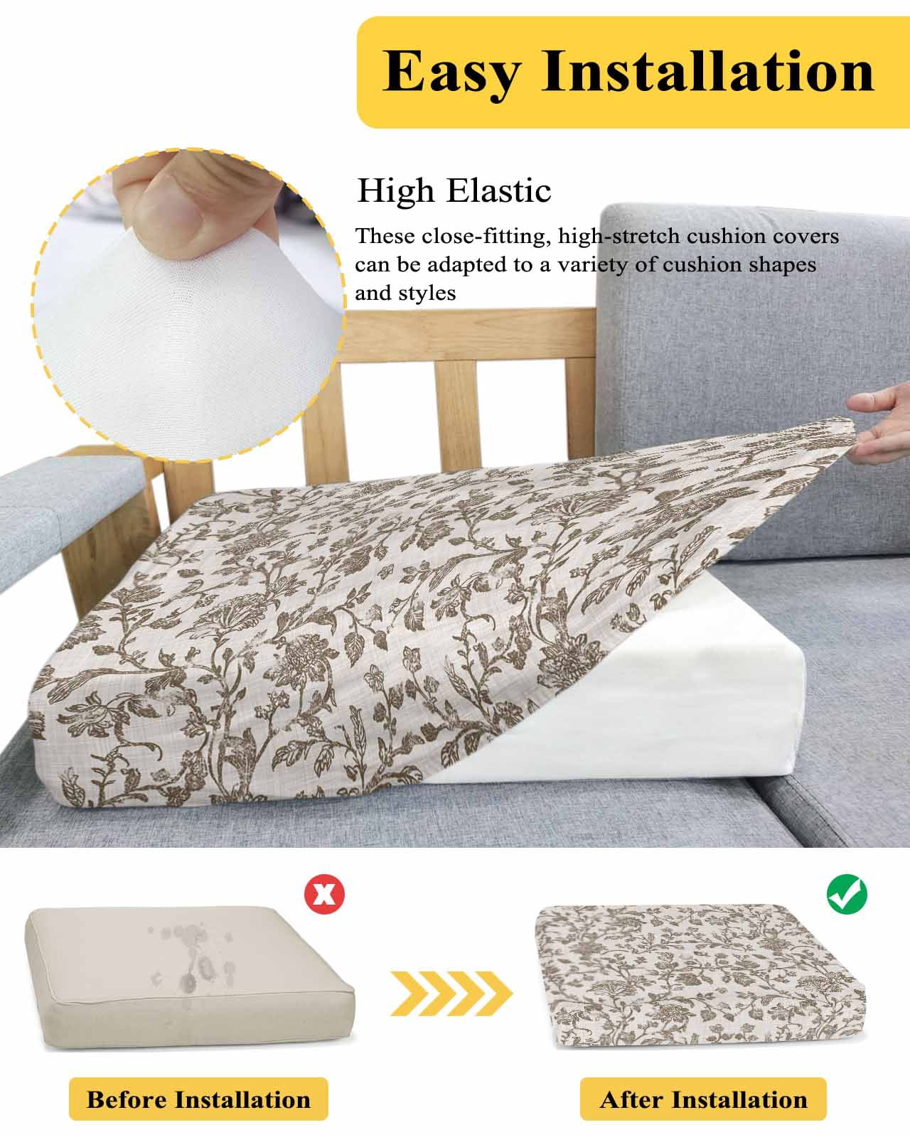 Farmhouse Brown Couch Cushion Covers Stretch, Washable Sofa Seat Covers Individual Seat Cushion Sofa Slipcovers Vintage Flower Leaf Botanical Plant Couch Cover Furniture Protector S-2PCS