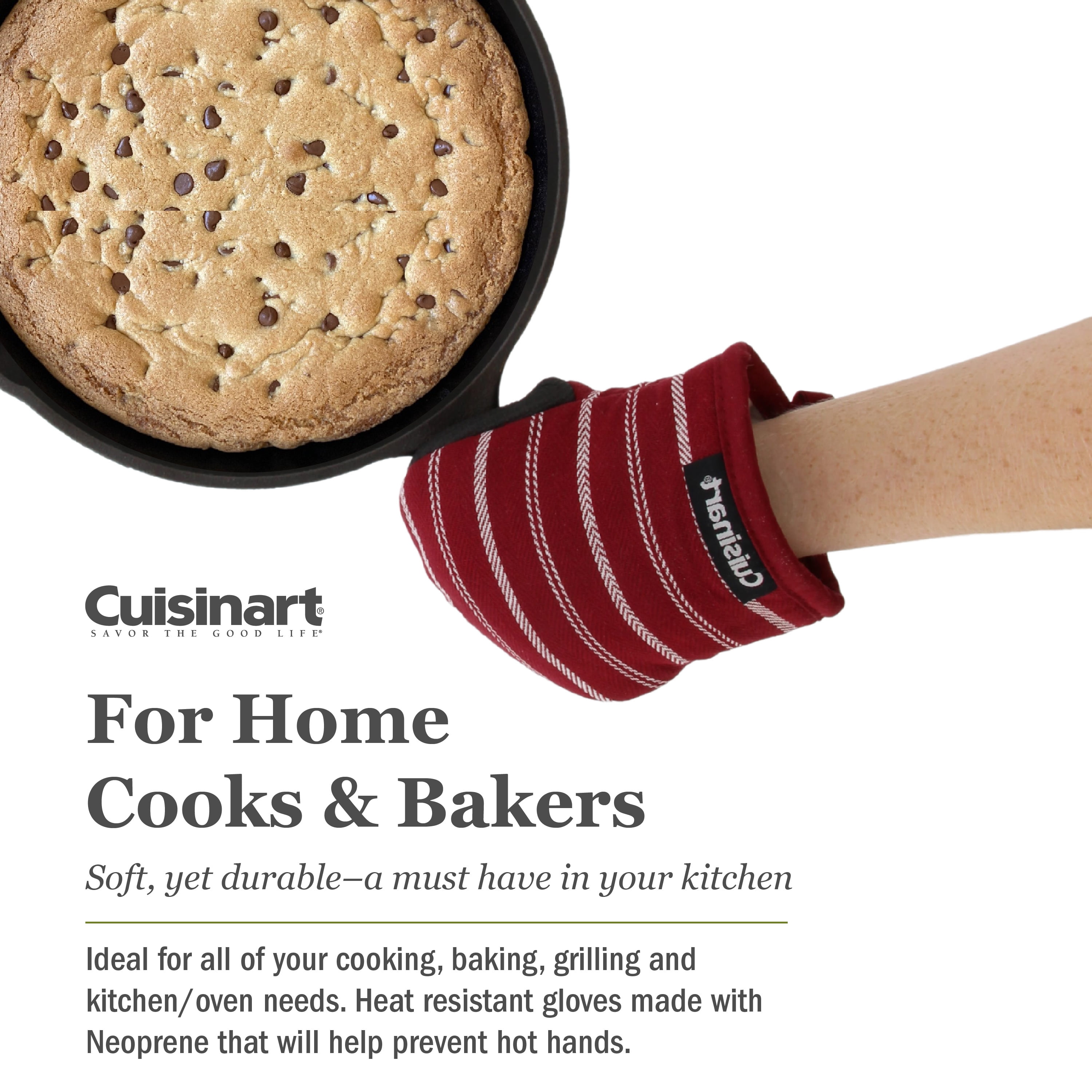 Cuisinart Kitchen Oven Mitt/Glove & Rectangle Potholder with Pocket Set  w/Neoprene for Easy Gripping, Heat Resistant up to 500 degrees F, Twill  Stripe- Red Dahlia 