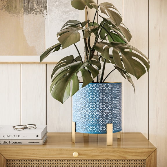 Modern Metal Planter Pot With 4-Leg Gold Metal Base - Blue - 14"H x 13"W