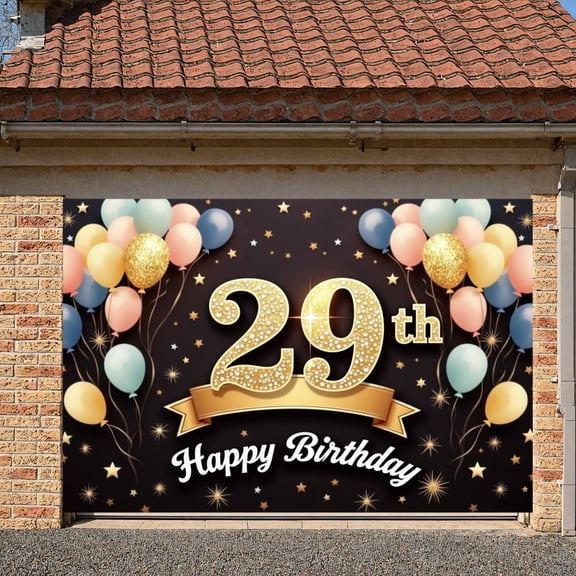 Gold Glitter 29th Birthday Banner Colorful Balloons Display Sparkling Stars Black Background Glitter Number Backdrop for 29th Birthday Party Indoor Party Decoration Photo Shoot Backdrop