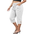 thumbnail image 2 of VBVC Women's Plus Size Cotton Linen Capri Pants , Side Button Summer Shorts For Women , Ladies' Drawstring Lounge Pants with Pockets, White , L-5XL, 2 of 7