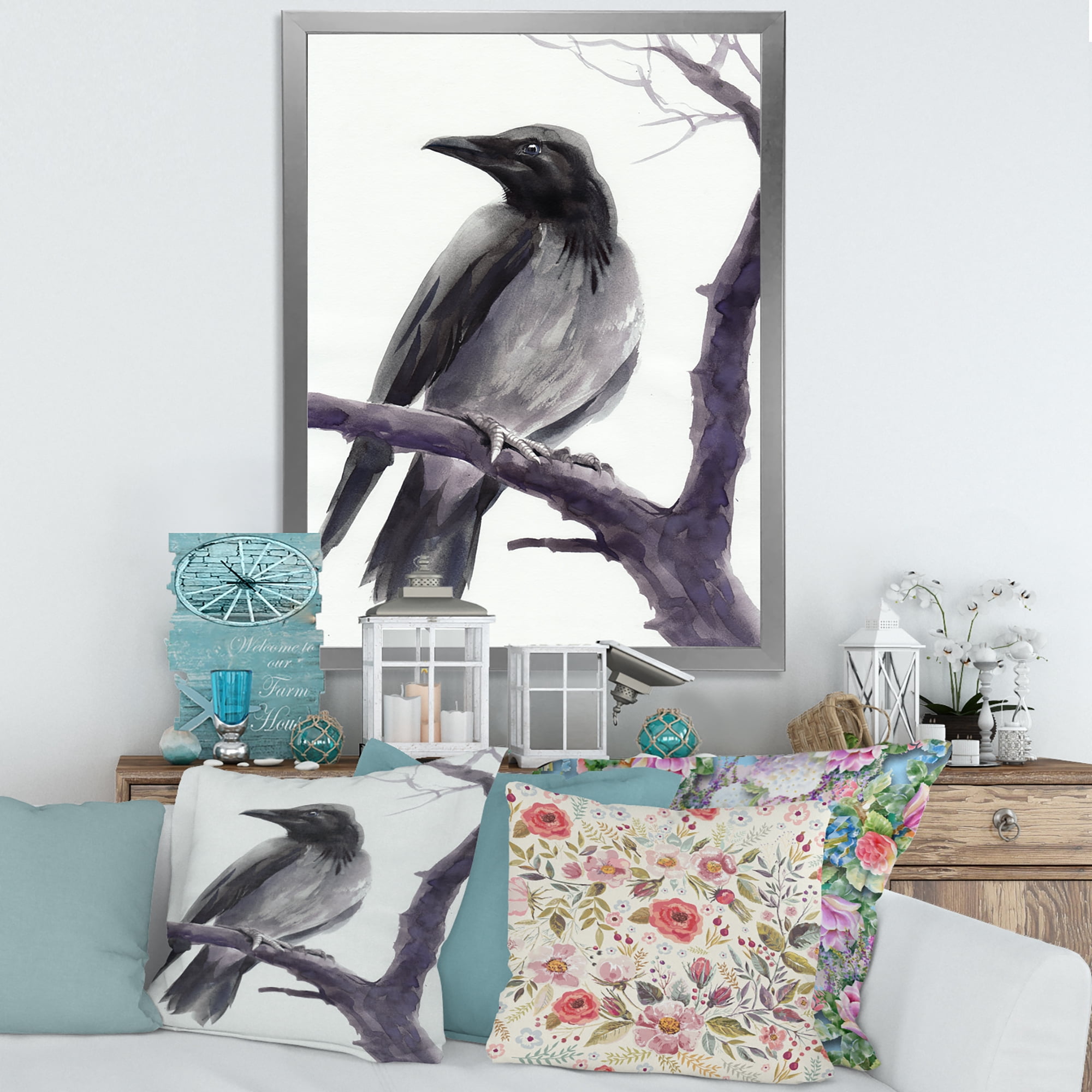 Designart 'Big Crow Sitting On A Branch' Traditional Framed Art Print