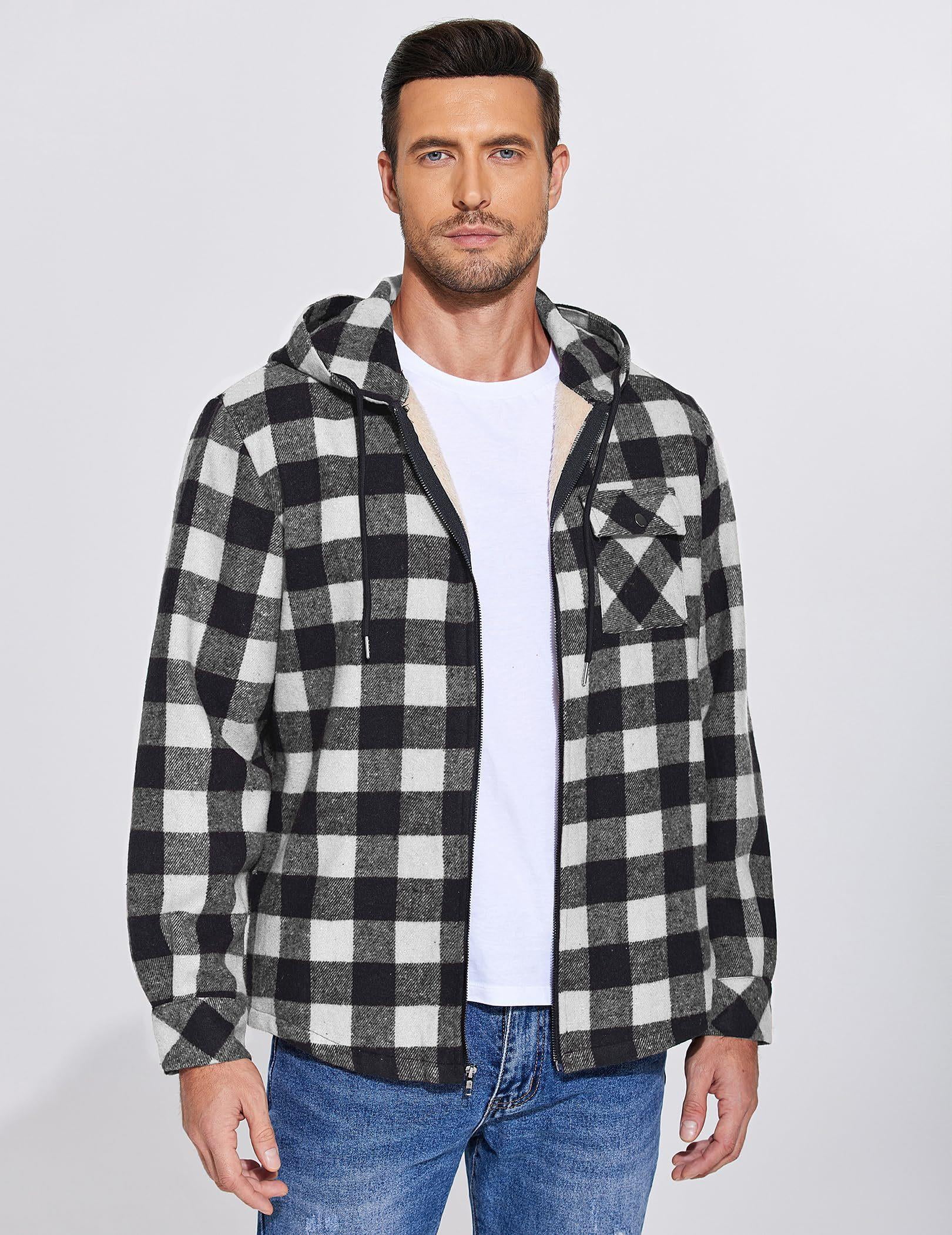 COOFANDY Men's Flannel Hooded Shirt Jacket Plaid Hoodie Zipper Sherpa Lined Winter Thermal Flannel