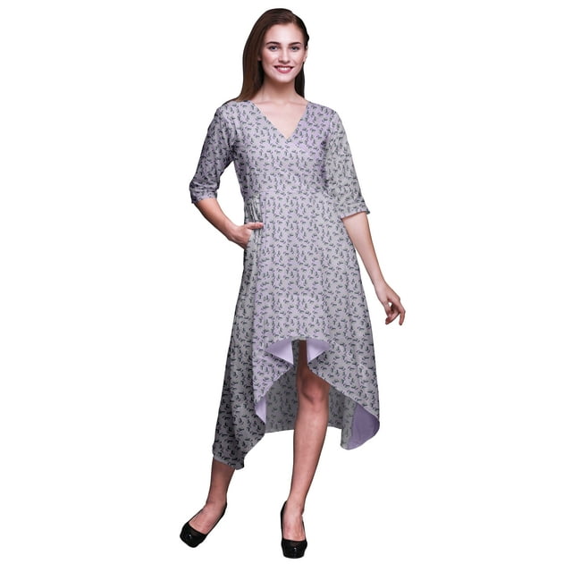 Bimba Coton Violet Coton Boule Floral Imprimé Femmes Robe Droite Asymétrique avec Poches Décontractée Mi-Longue-X-Grand