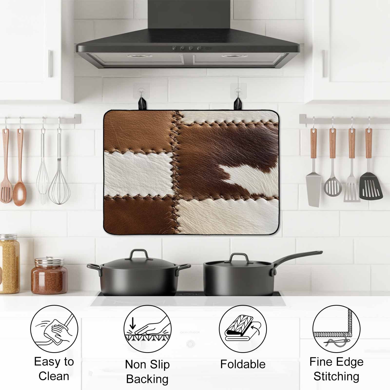Brown White Leather Texture Stove Top Cover for Electric Stove, Heat-proof & Non Slip Glass Top Stove Cover Protector, Abstract Art Cowhide Kitchen Flat Cooktop Rubber Mat 24x21 Inches