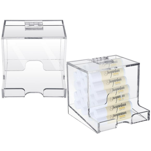 Wenqik 2 Pack Clear Acrylic Lip Balm Dispenser with Hinged Lid Home Freestanding Countertop Display for Lipsticks Glosses or Lip Balm Essential Oils (3.4 x