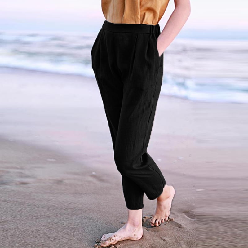 ZANZEA Women's Elastic Waist Tapered Pants Capris Casual Side Pocket