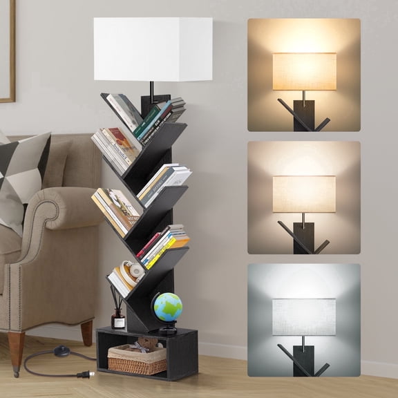 OUTONLIFE Floor Lamp with Shelves, Tree Bookcase with Light, 7-Tier Floor Standing Bookshelf with Drawer for Living Room Bedroom, Office, Black