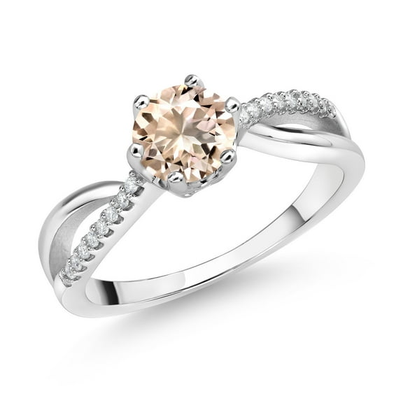 Gem Stone King 925 Sterling Silver Ring Round Morganite and Moissanite (0.68 Cttw) (Size 6)