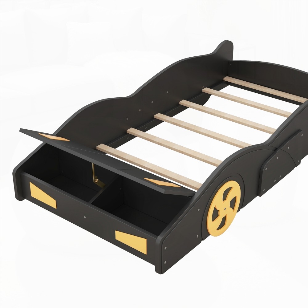 Black+Yellow Twin Size Race Car-Shaped Platform Bed Having Wheels & Storage