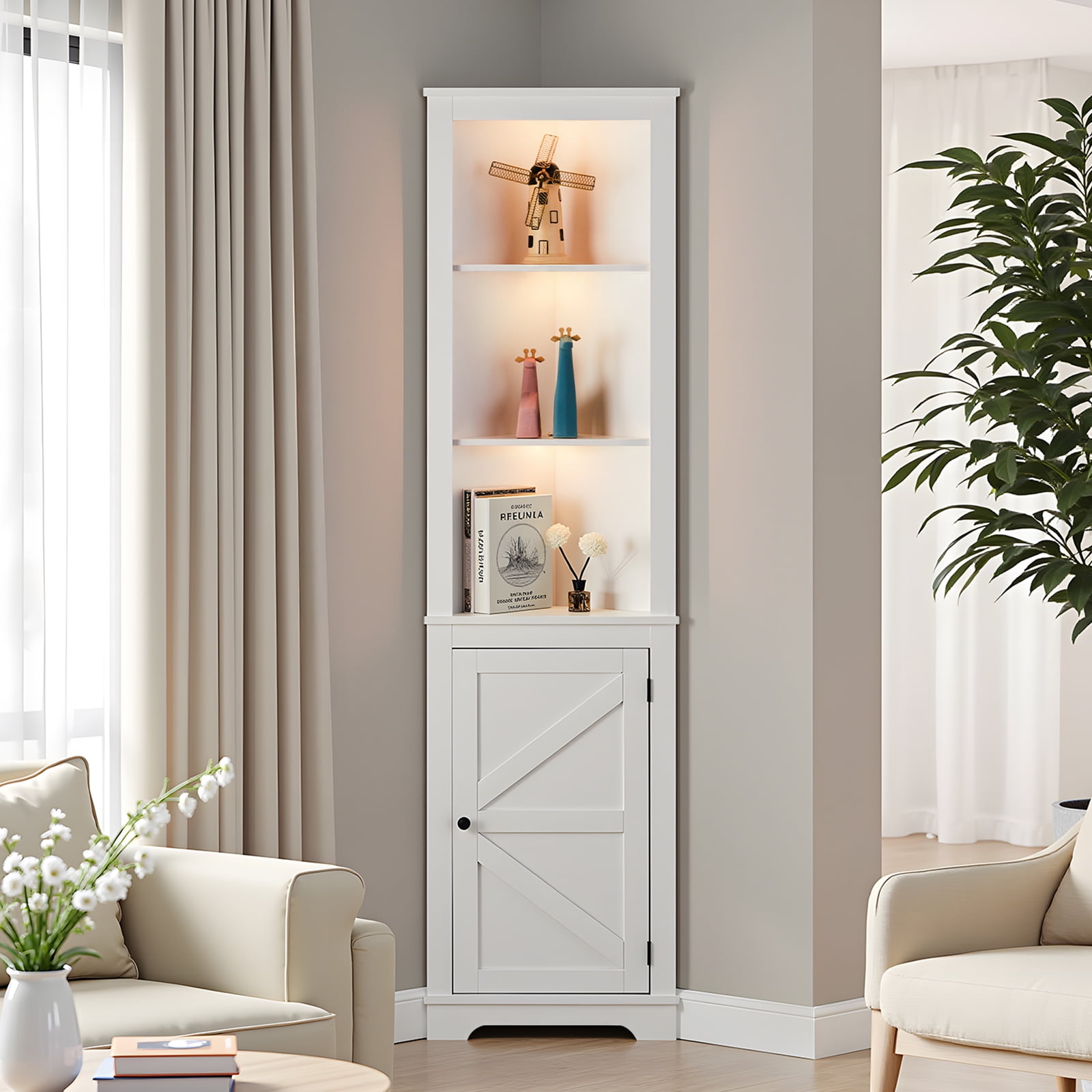 L-Shaped Display Cabinet 3-Layer With Single Door Double Z Shape Led Light Strip Front Curved Base Feet Triammine Board, 46*30*180cm