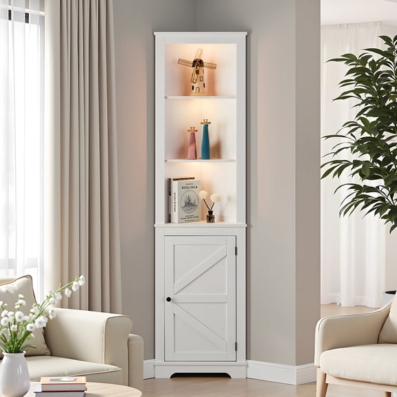 BAYUELSWU Corner Cabinet with LED Lights 70.9" Tall Corner Shelf with Doors, 5-Tier Storage Cabinet for Living Room, Laundry Room, Bar, Small Space (White)