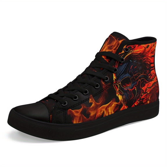 Coolcustomize Men's Gothic Skull & Flames High-Top Sneakers - Punk Streetwear Lace-Up Casual Shoes, Casual Trainers for Outdoor Fashion, Gothic Boots, Bold Eye-Catching Design, Urban Trendsetters